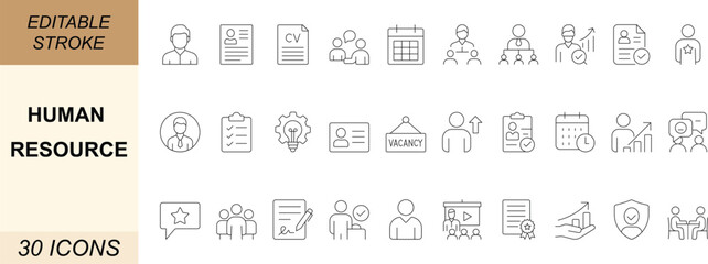 Human resource icon set.With employee, recruit, interview, job, payroll, training, career, and management. Ideal for corporate tools, HR systems, and business platforms. Editable stroke.