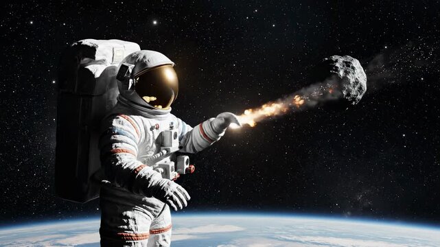 An astronaut floats in space, observing a massive burning asteroid streaking perilously close to Earth's orbit. Its brilliant fiery trail illuminates the starry cosmic background, evoking space