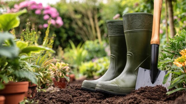 Gardening tools and rubber boots on soil with flowers in garden during daylight hours