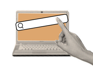 Hand pointing on screen of laptop in halftone style,searching bar,collage elements cut out from paper