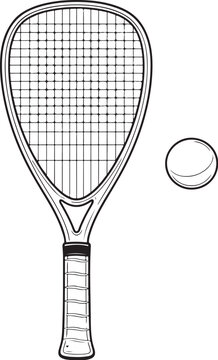 Racquetball racquet and racquetball black and white technical line art front view