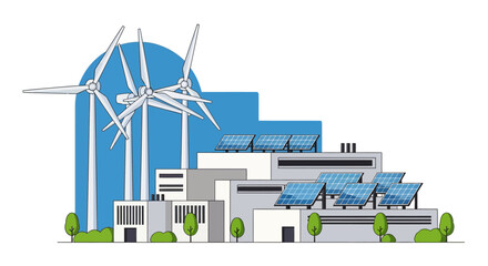 An illustration of a smart factory with wind turbines and solar panels on the roof, showcasing sustainable energy solutions in an industrial setting with a team of workers and engineers.