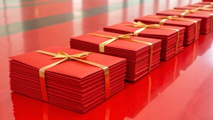 Stacks of Vibrant Red Envelopes Tied With Gold Ribbon, Gigapixel Standard v2 4x