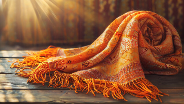 A vibrant orange shawl with intricate patterns lies on a wooden surface