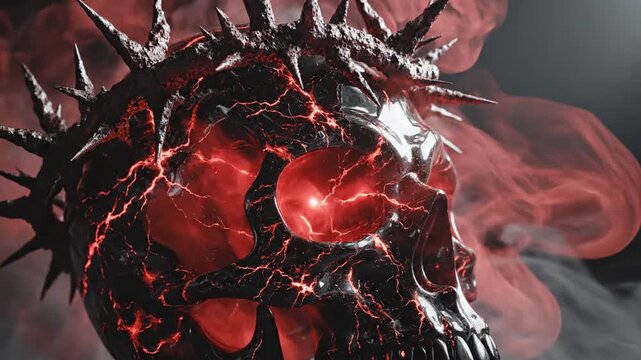 Crimson cracked skull with jagged spikes, swirling smoke, ominous gloom and molten veins. in shadow!