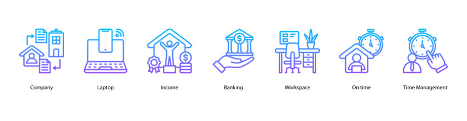 Fototapeta premium Business Essentials web banner vector illustration featuring Company, Laptop, Income, Banking, Workspace, On time, and Time Management.