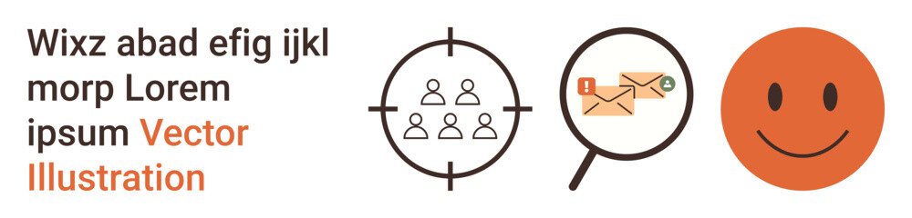 Fototapeta premium Marketing strategy, email communication, audience targeting, search analysis, team collaboration, brand engagement. Set of icons including target, magnifying glass mail and happy face. Audience