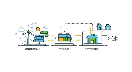 Obraz premium Illustration of a smart factory and logistics network for energy industry with generation, storage and distribution phases.