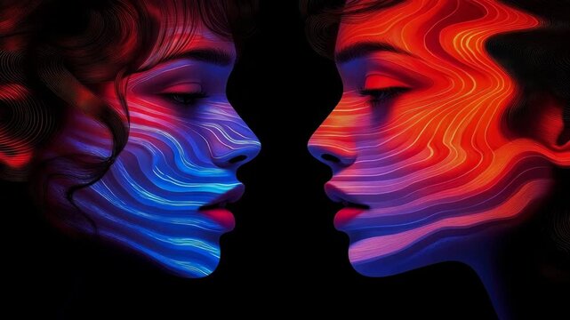 Mesmerizing digital illustration of two female profiles displaying contrasting blue and red liquid flow lines on dark void.