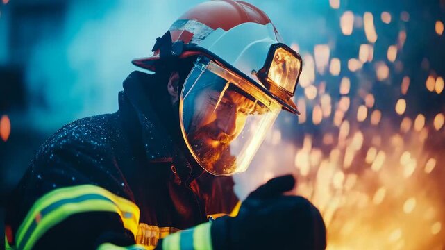 Determined rescuer in protective gear facing intense flames and flying sparks, showcasing valor and rapid response.