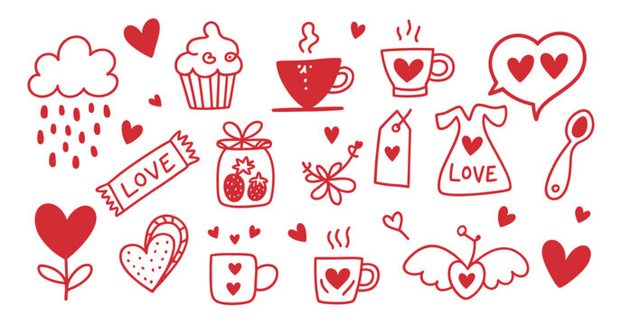 A collection of red hearts sweets coffee and love themed doodles