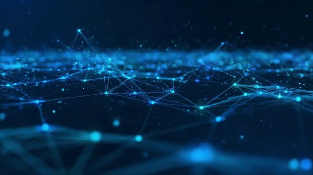 Complex network connections visualization with nodes and lines in a dark blue environment from a low viewpoint MKS 23012602