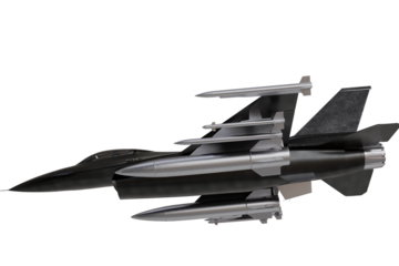 Dark, sleek military fighter jet, heavily armed with multiple silver missiles under its wings and fuselage. Profile view of a powerful combat aircraft