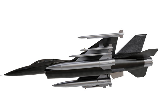 Dark, sleek military fighter jet, heavily armed with multiple silver missiles under its wings and fuselage. Profile view of a powerful combat aircraft