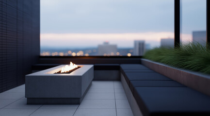 Naklejka premium Modern rooftop patio with a sleek gas fireplace and city skyline view at dusk
