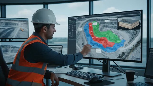 Medium shot of a technician analyzing digital quarry maps on a computer screen highlighting precise geological layers and excavation zones for efficient resource management.