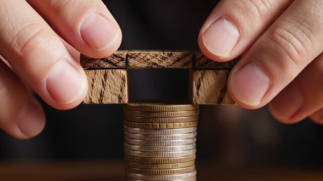 economy infrastructure balance concept. Hands balancing wooden blocks over a stack of coins.