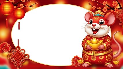 Fototapeta premium Chinese New Year rat zodiac character holding gold ingot with red lanterns and decorative elements on festive background with copy space for greeting cards.