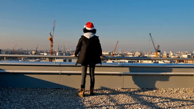 A young woman in a black coat and red beanie stands on a rooftop overlooking a cityscape with cranes under a clear blue sky