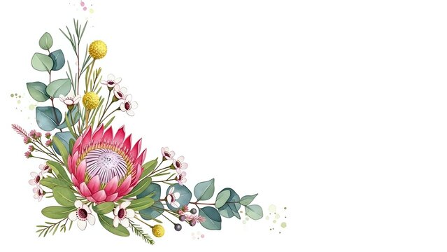 Watercolor floral corner arrangement with pink protea flower, eucalyptus leaves and wildflowers on white background for wedding invitations and cards.