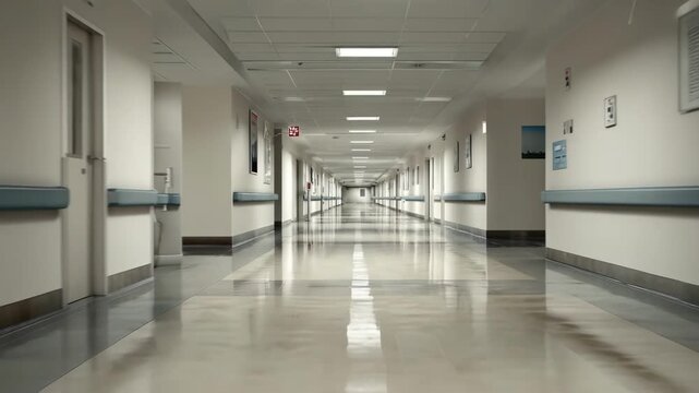 Medium frame showing occupancy sensors activating LED ambient lights in a clinical corridor emphasizing energysaving automation and efficient power use.