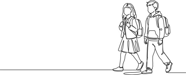 continuous line drawing of boy and girl with schoolbags on their way to school, line art vector illustration © Christian Horz
