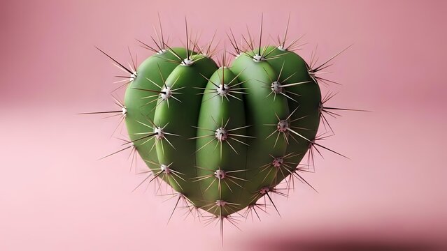 Heart-shaped cactus with spines on pink background. Concept for love hurts, complicated relationships, Valentine's Day with twist, emotional protection.