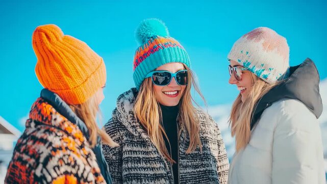 Cheerful friends in colorful winter gear, smiling brightly under clear blue sky, enjoying memorable outdoor mountain getaway together