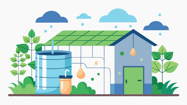 Sustainable Eco-Friendly Greenhouse Illustration with Rainwater Harvesting System, Solar Panels, and Lush Greenery in Flat Design Style