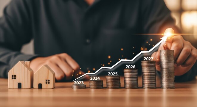 Man touching virtual rising arrow on increasing stack of coins representing real estate investment growth. Property value increase concept for future planning.