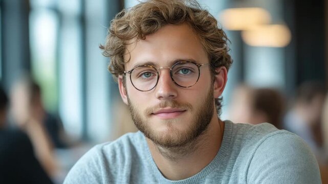 Professional studio shot capturing confident young adult male entrepreneur with facial hair and eyewear in modern indoor establishment setting