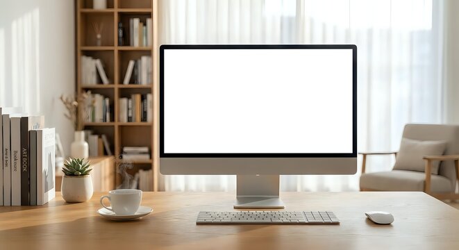 Modern home office workspace with blank computer monitor screen on wooden desk ready for mockup design presentations and remote work applications.