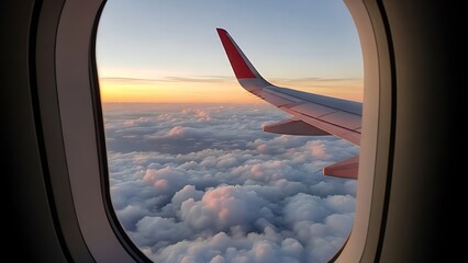 Airplane Wing View During Sunset Over Clouds from Airplane Window
