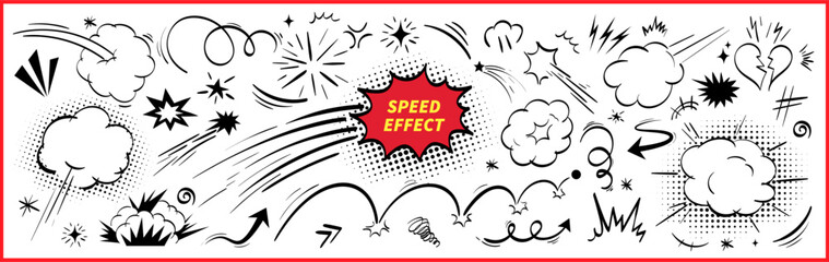 Pop comic explosion vector kit. Contains speed lines, burst smoke, impact frame broken heart. Superhero animation effect with doodle cartoon air element bundle and red speech bubble. © A_Y_N