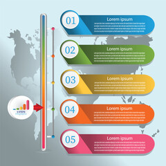Five Step Infographic Timeline with Colourful Process Bars and World Map Background.
