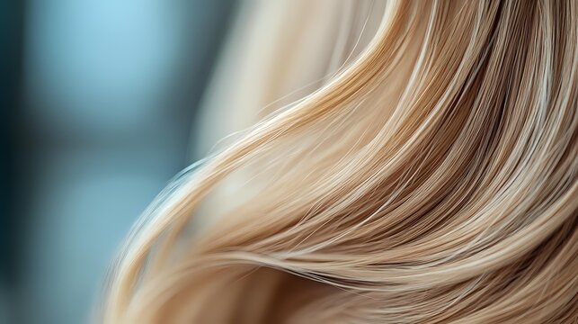 Flowing blonde hair with natural highlights and lowlights in motion, showcasing healthy shine and texture for beauty and haircare concepts.