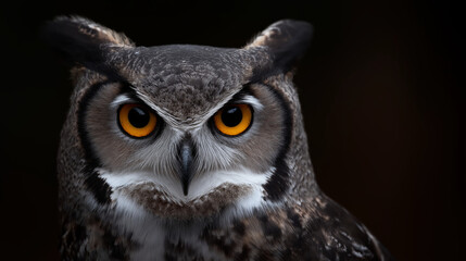 Obraz premium Intense close-up portrait of a great horned owl with piercing orange eyes against a dark background