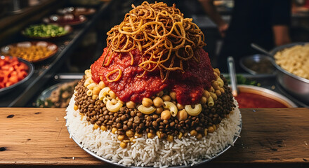 Layered Dish with Rice and Meat.