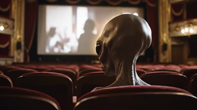 A grey alien sits alone in a grand, empty movie theater, its head silhouetted against the bright screen displaying a blurred human figure, evoking a surreal and captivating scene of otherworldly