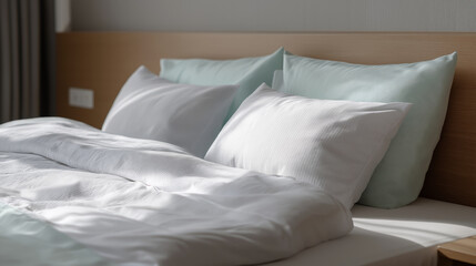 Obraz premium Comfortable hotel bed with crisp white linens and soft pillows bathed in natural sunlight