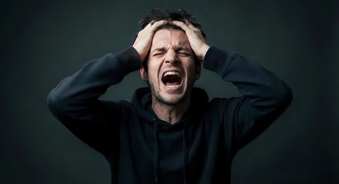 Stressed young Caucasian man in black hoodie screaming with hands on head showing intense emotional breakdown and mental health crisis on dark background.