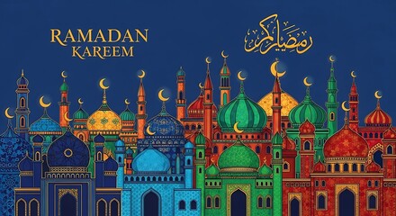 Ramadan Kareem Greeting Card with Mosque Illustration