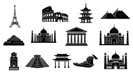 Black silhouette icons of famous travel destinations and buildings from around the world, including the 7 wonders, arranged on a white background in a vector illustration. © saputra sida