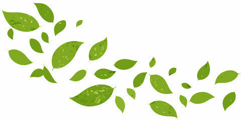 A scattering of vibrant green leaves drifting across a white background © Debashis