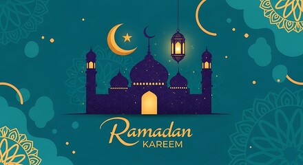 Ramadan Kareem Greeting Card with Mosque and Moon