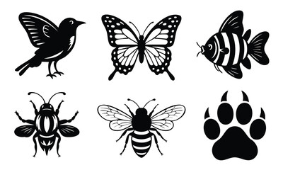 Naklejka premium Set silhouette wild animals butterfly bee bird fish paw print