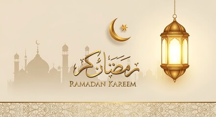 Ramadan Kareem Greeting Card with Mosque and Lantern