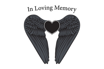 Fototapeta premium In Loving Memory card template. Angel wings with heart, In memory of beloved friend or family member. Rest in peace, RIP, Funeral hand drawn card design.