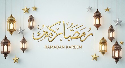 Ramadan Kareem Greeting Card with Hanging Lanterns and Stars