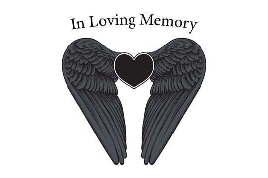 In Loving Memory card template. Angel wings with heart, In memory of beloved friend or family member. Rest in peace, RIP, Funeral hand drawn card design.